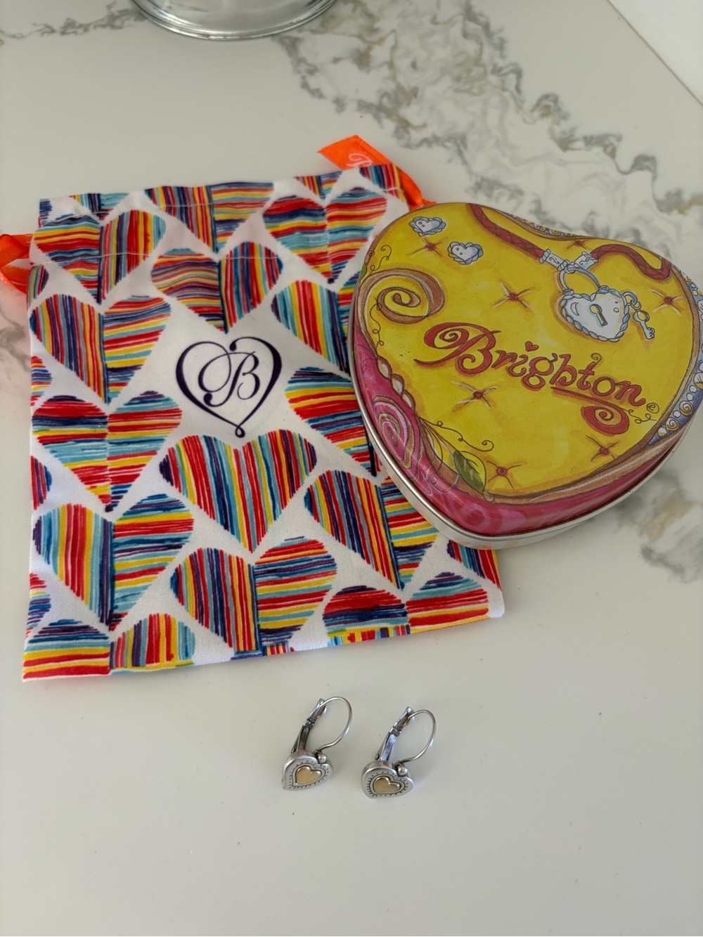 Brighton RENDEZVOUS Heart Leverback Silver Gold Earrings *RETIRED* + Bag & Tin